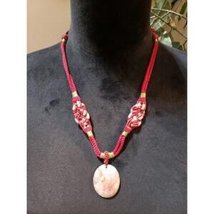 Womens Fashion Jasper Stone Red White Braided Rope Pendant Necklace Adjustable
